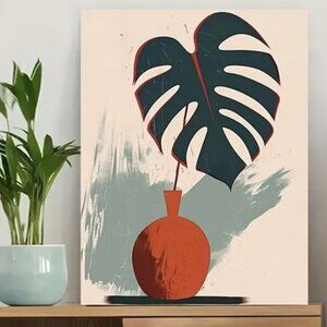 16"Lx12"W Monstera Leaf in Orange Vase Tropical Houseplant Canvas Art Print New